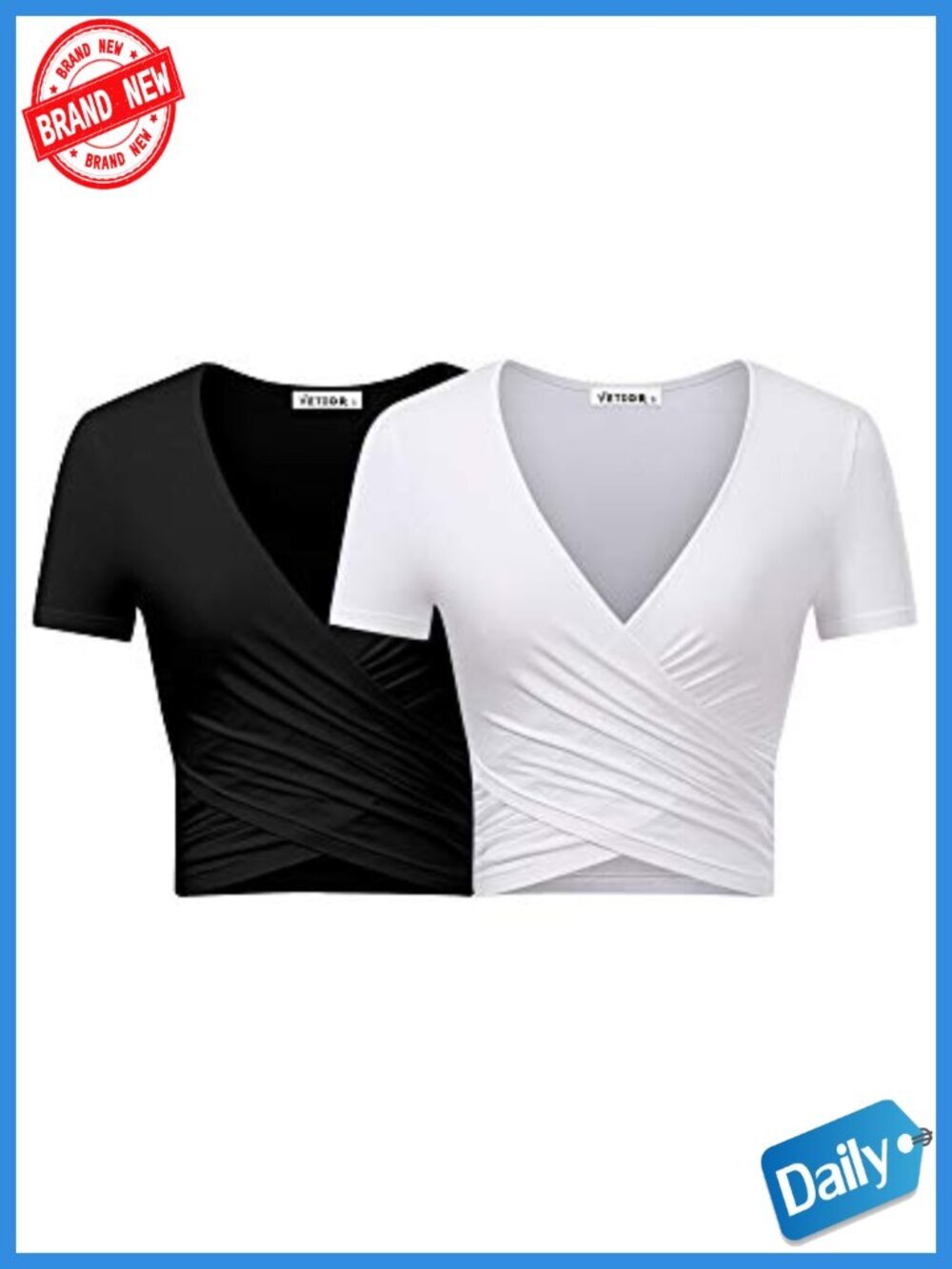 Women's Sexy Wrap Crop Top V-Neck Short Sleeve Slim Fit Going Out Shirt